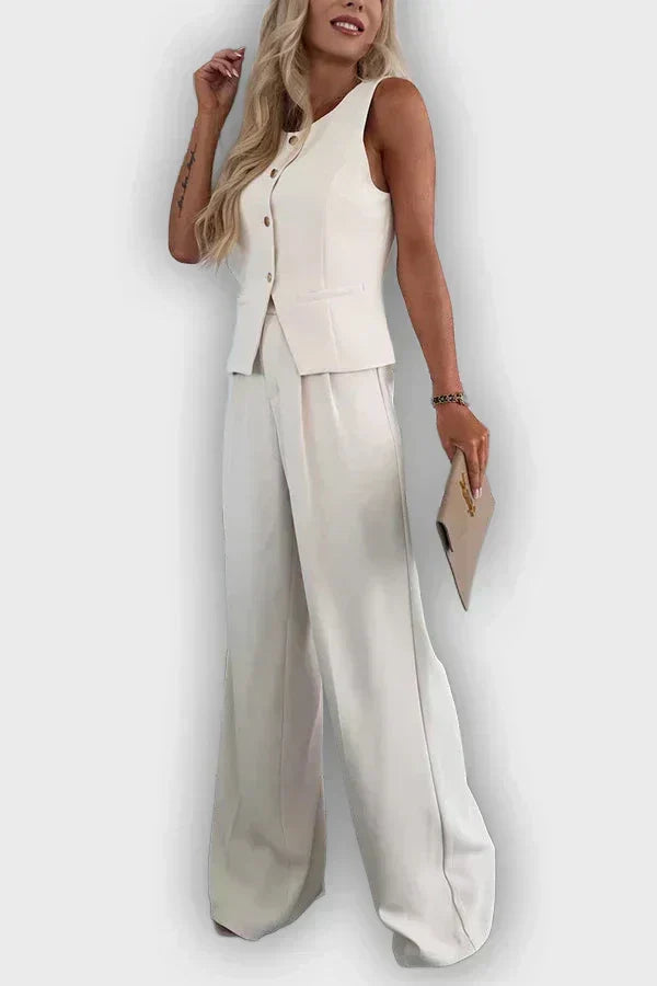 Sleeveless Button Vest and Wide Leg Pants Two Piece Set