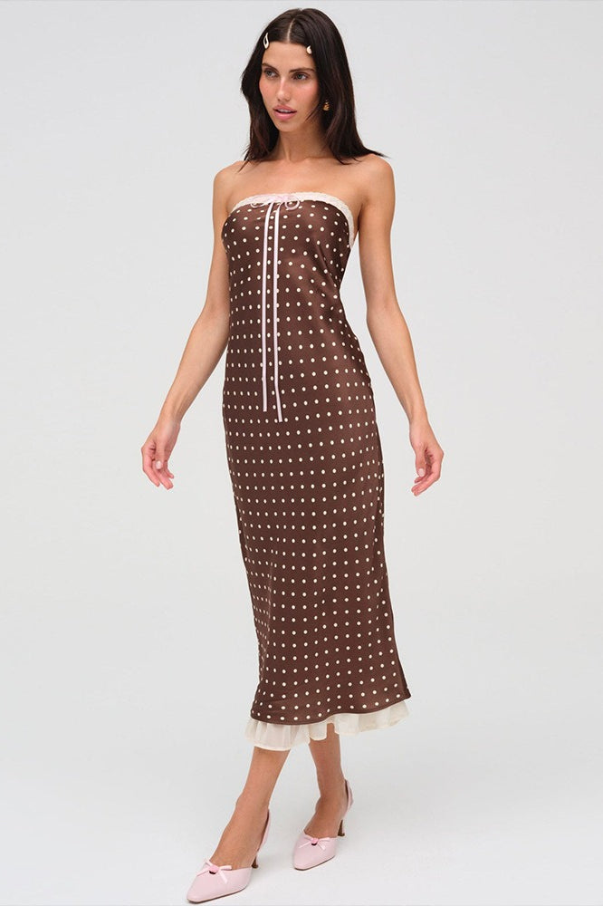 Satin Polka Dot Strapless Backless Maxi Dress