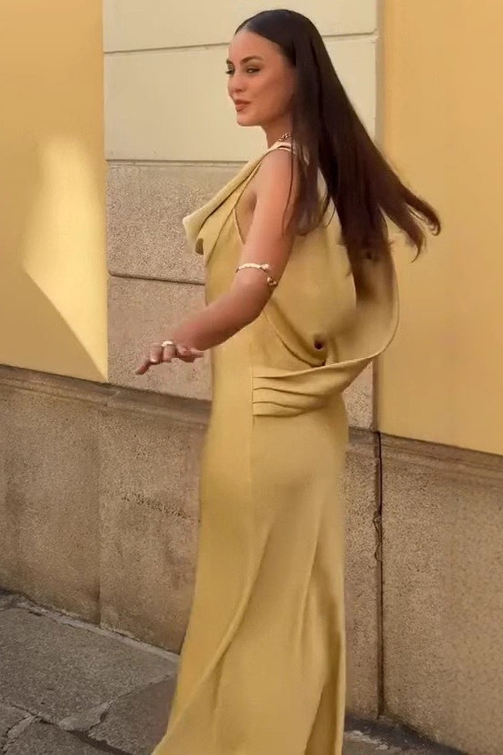 Draped Neck Backless Waist Cinch Elegant Sexy Formal Dress