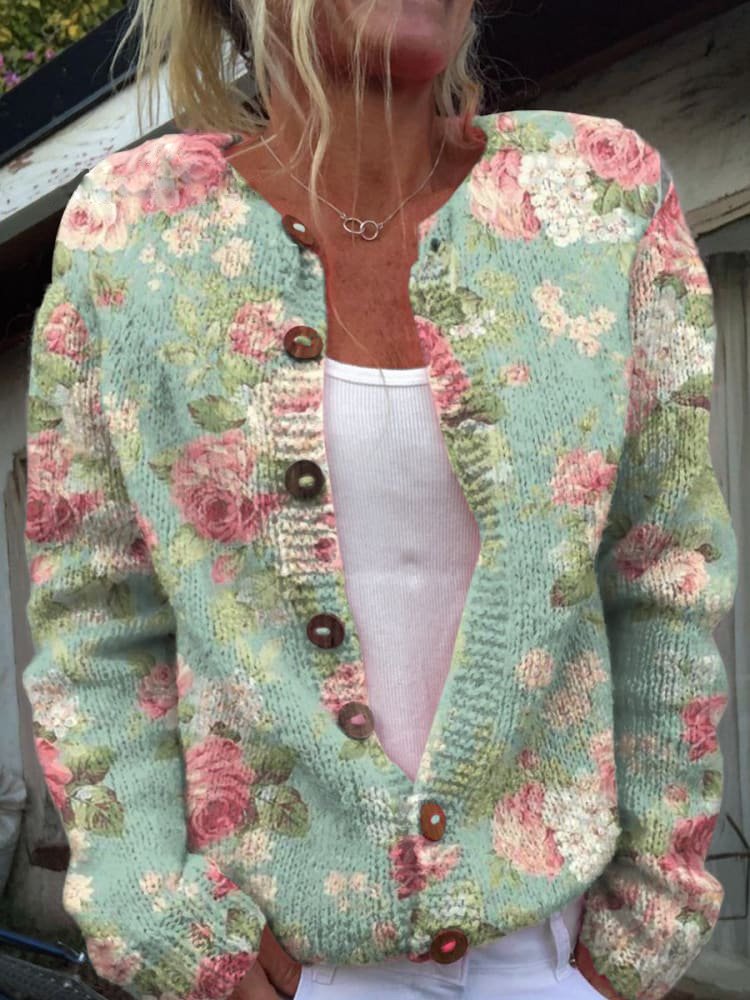 Round Neck Floral Print Button Front Knit Cardigan