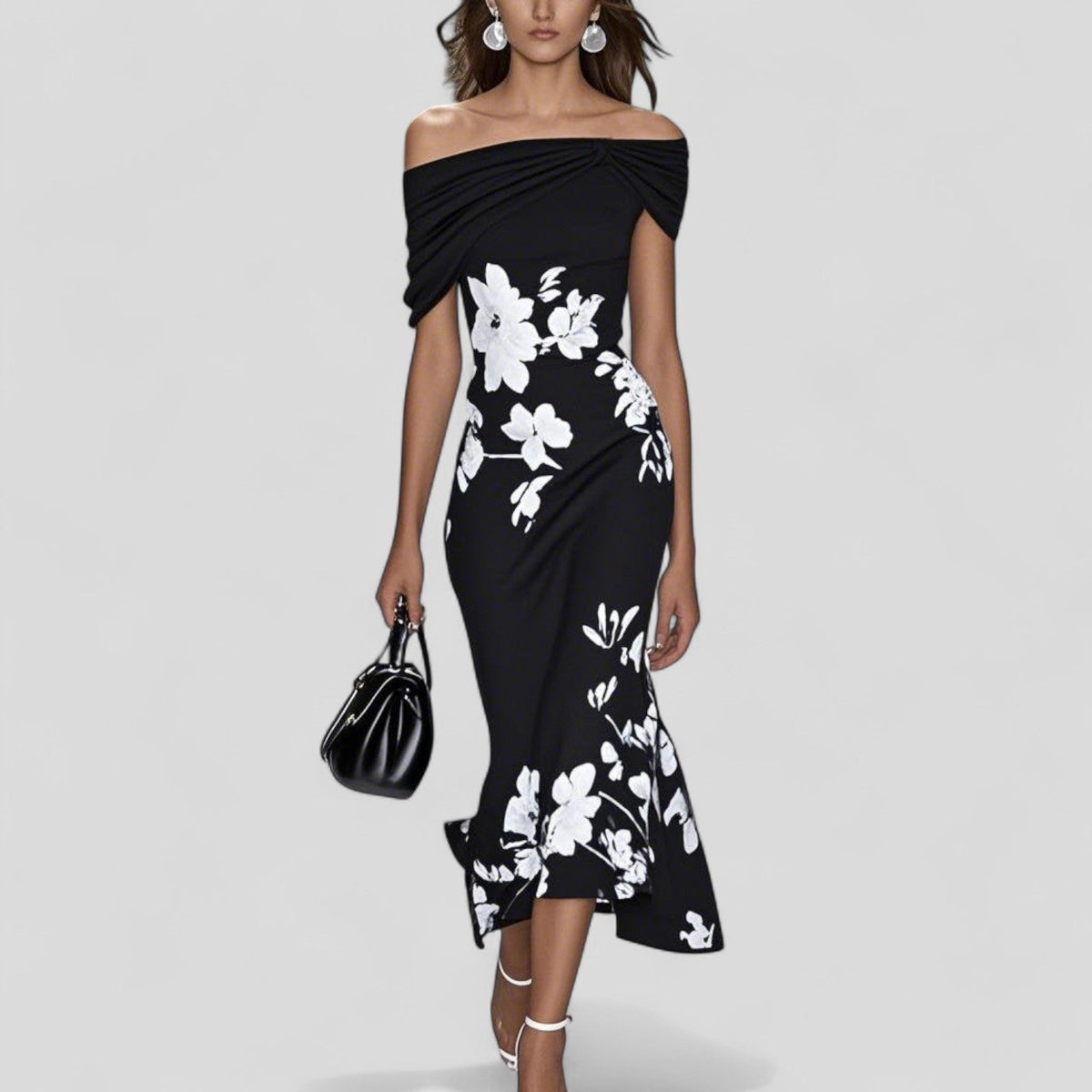 Floral Off Shoulder Twist Front Fit and Flare Midi Dress