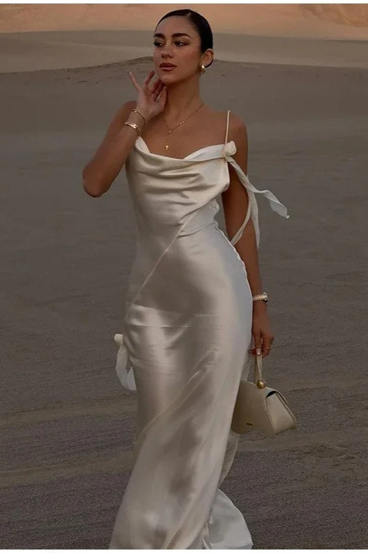 Satin Cowl Neck Spaghetti Strap Tie Shoulder Slip Maxi Dress
