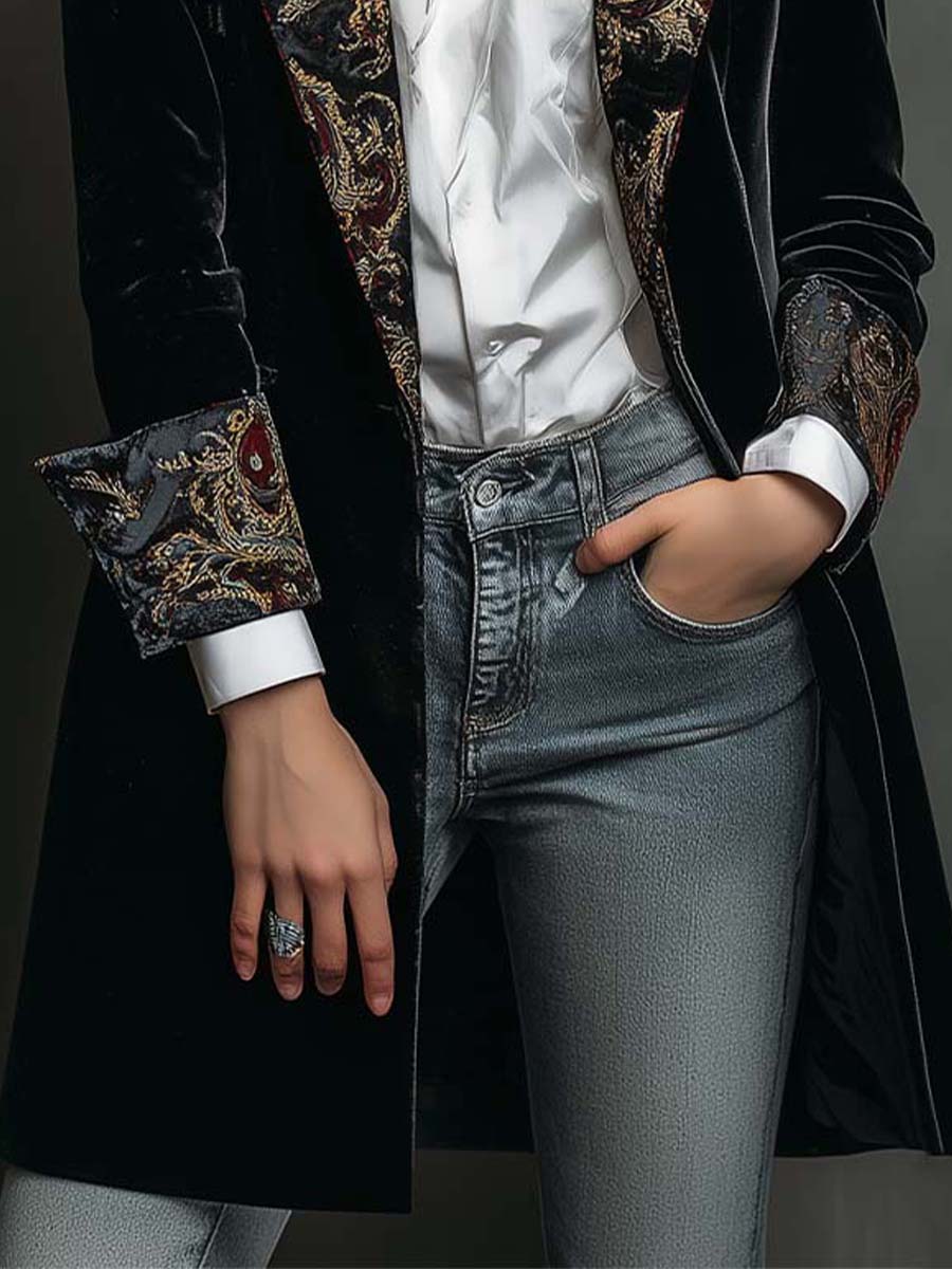 Baroque Print Lapel Velvet Longline Blazer 6