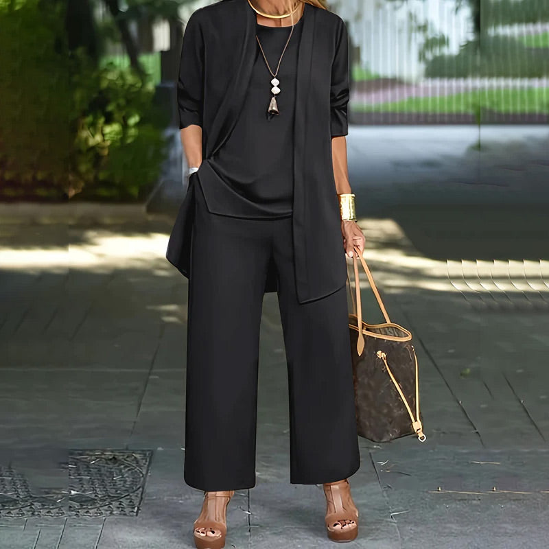Round Neck Top Open Front Duster and Wide Leg Pants Three Piece Set