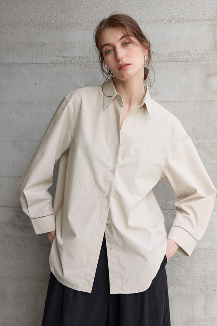 Collared Long Sleeve Curved Hem Relaxed Button Front Shirt 5