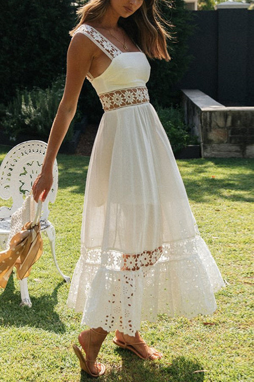 Square Neck Sleeveless Eyelet Lace Crochet Waist Pleated Tiered Ruffle Hem Midi Dress