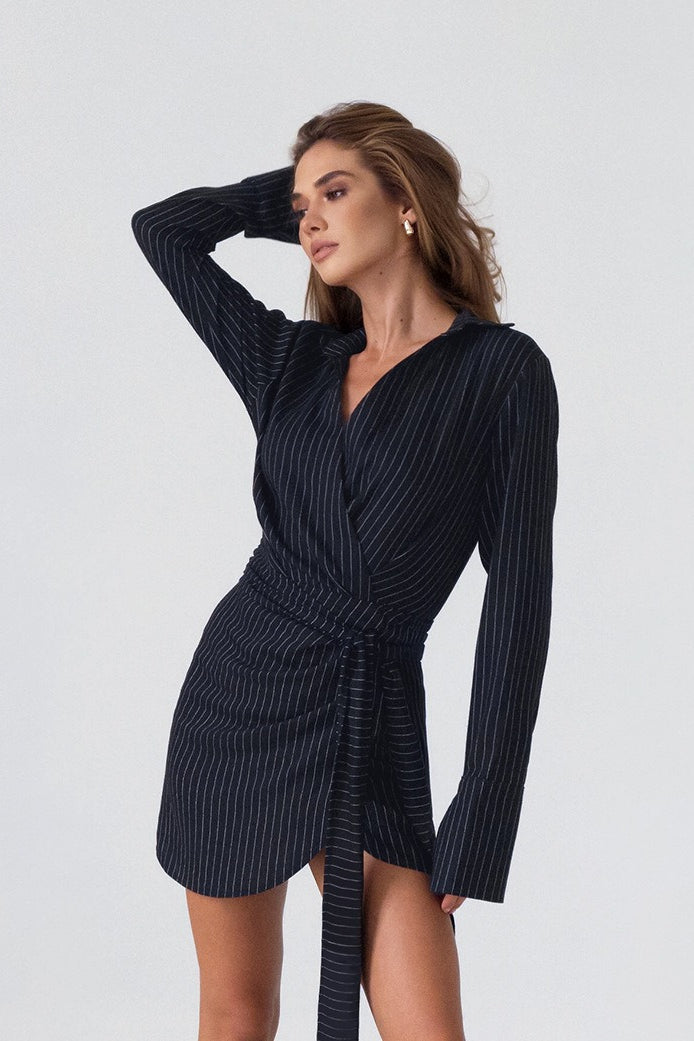 V Neck Striped Tie Waist Mini Dress