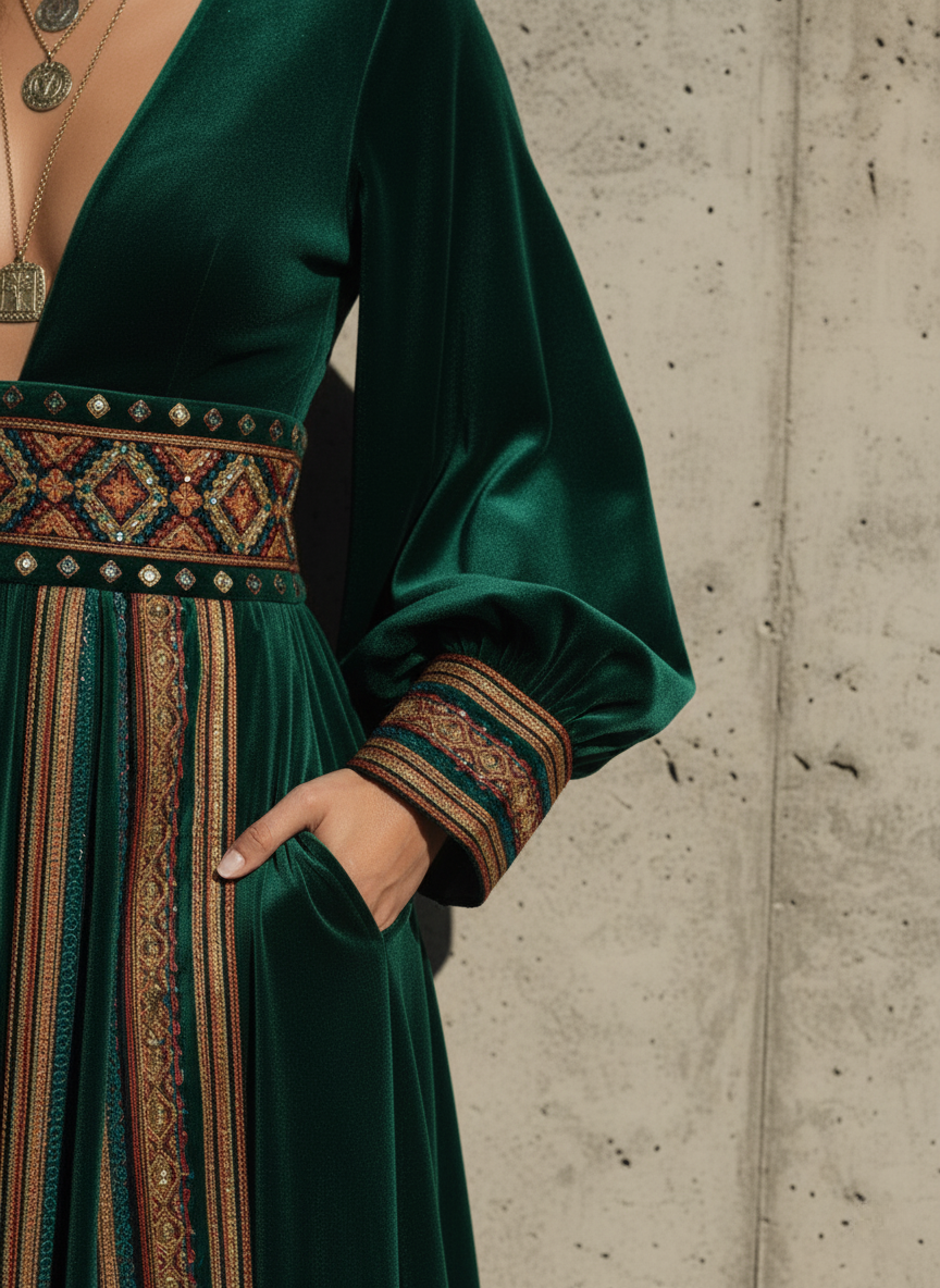 Forest Green Velvet Embroidered V-Neck Maxi Dress