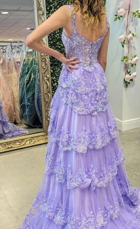 Charming Tulle Appliques Tiered Ruffles Long Prom Dress Slit  Party Evening Gown cc1781