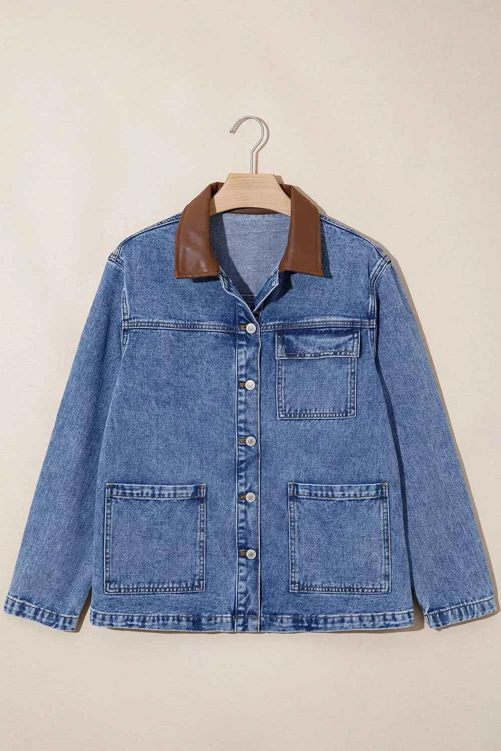 Patchwork Leather Collar Long Sleeve Denim Jacket