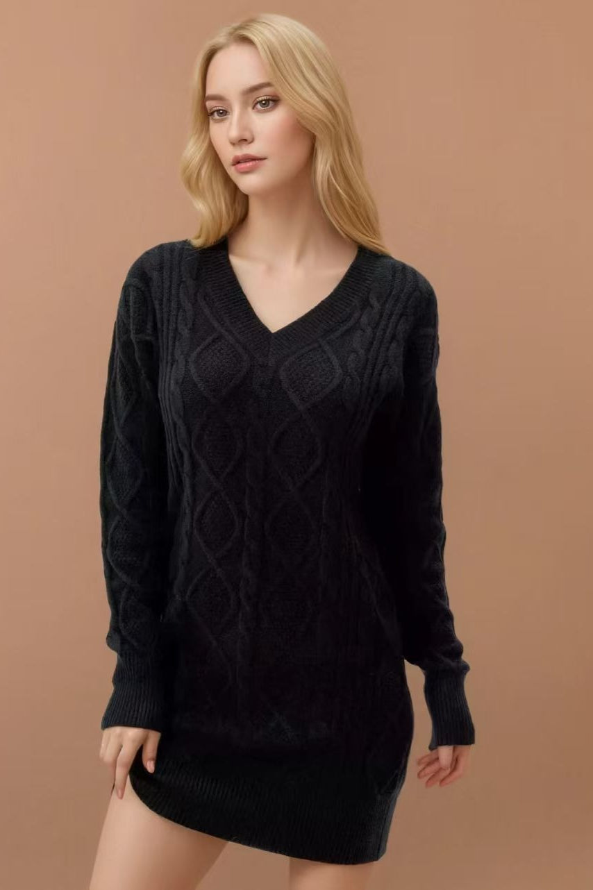 V-Neck Cable Knit Sweater Dress