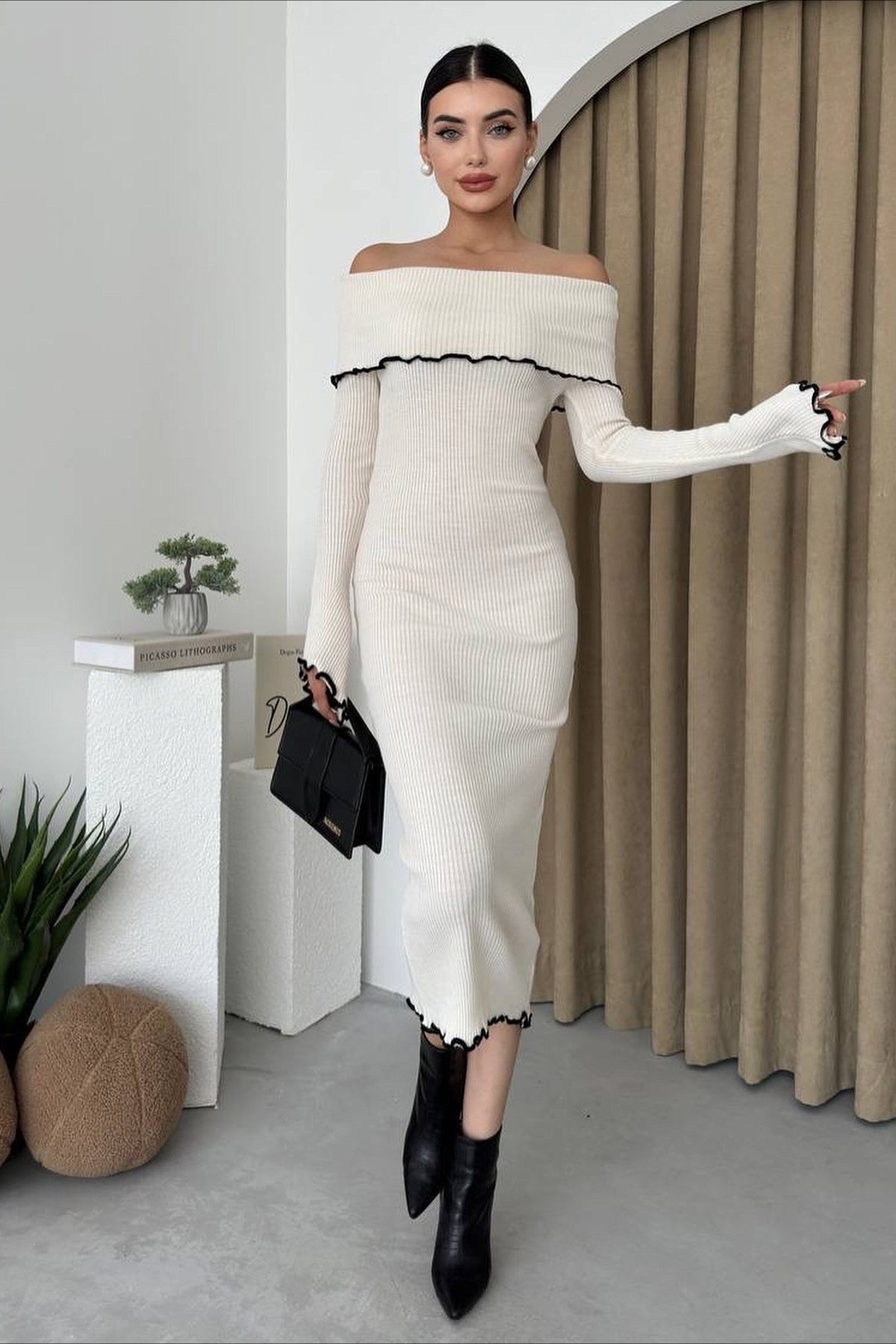 Ribbed Off Shoulder Color Block Knit Sweater Dress