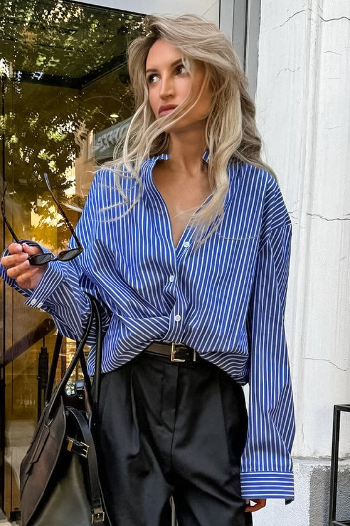 Blue White Stripe Button Blouse