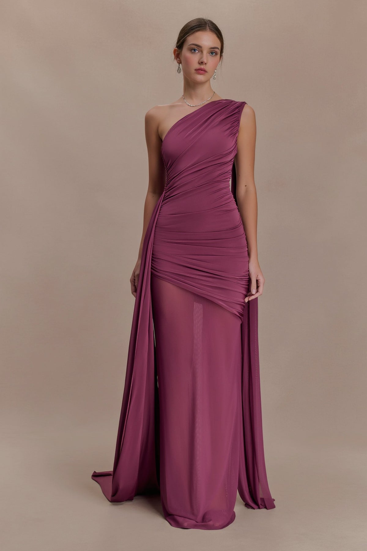 One Shoulder Ruched Sheer Mesh Skirt Cape Drape Maxi Gown 5