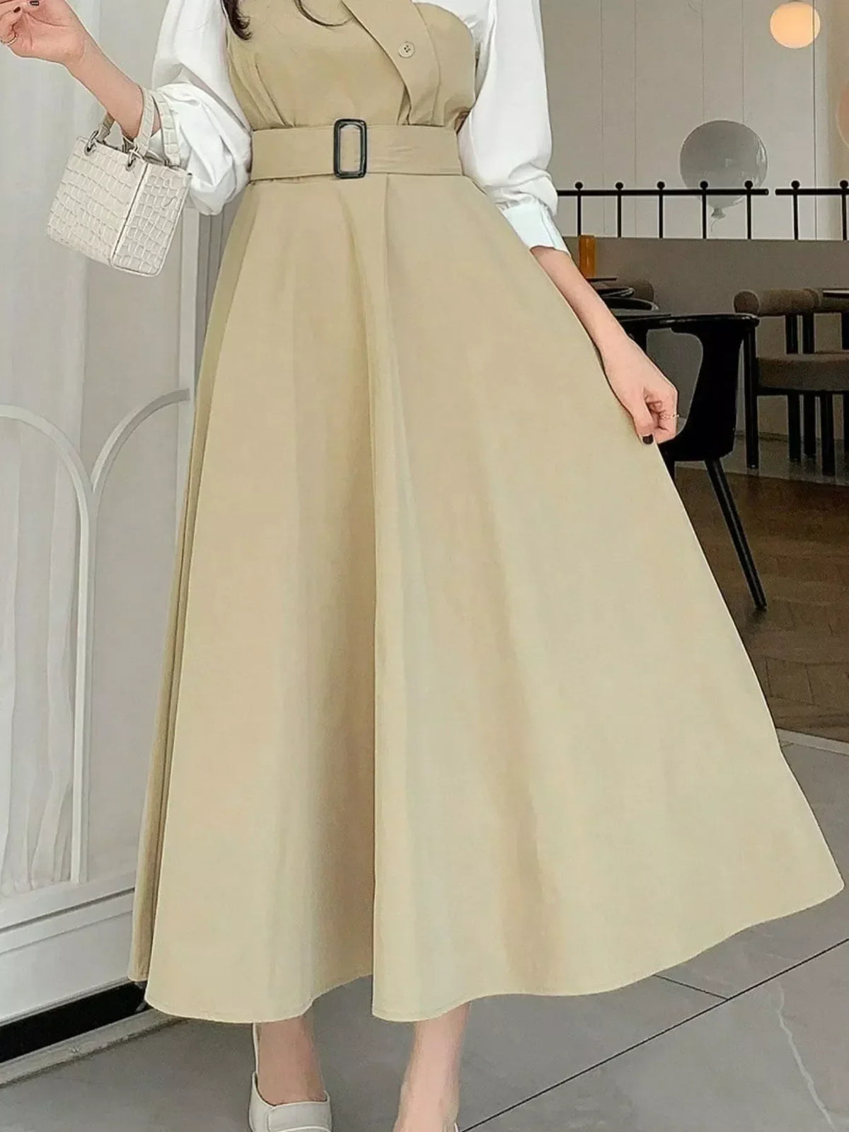 Contrast Long Sleeve Asymmetric Button Bodice Belted A-Line Midi Dress 5