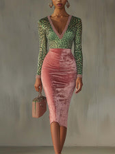 Faux Two Piece Leopard Print V-Neck Long Sleeve Velvet Midi Dress