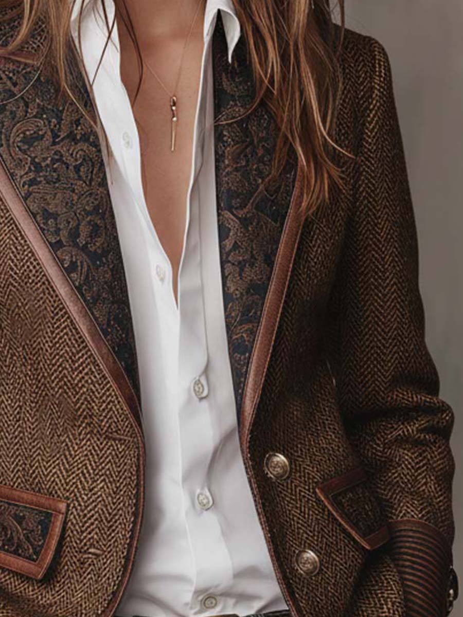 Herringbone Paisley Panel Faux Leather Trim Blazer