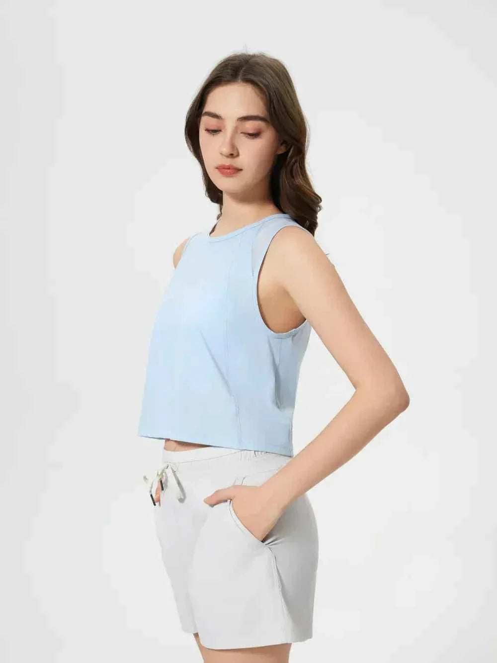 Round Neck Sleeveless Seam Detail Cropped Active Tank Top 26
