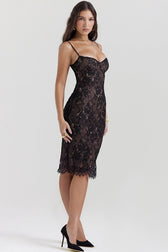 Spaghetti Strap Bodycon Lace Dress in Black - View 8