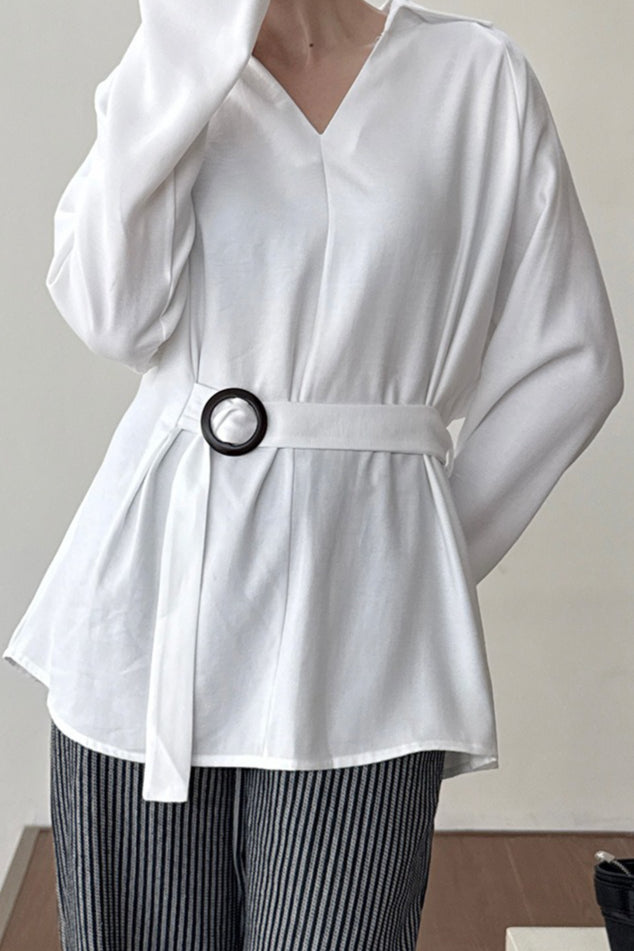 Collared V-Neck Long Sleeve Ring Buckle Belted Tunic Blouse 2