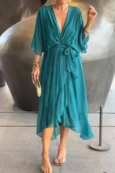 Solid Color V-neck Bat Sleeve Lace-up Irregular Hem Midi Dress - View 2
