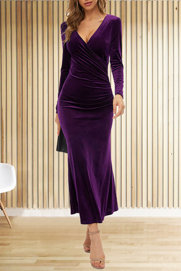 Solid Color Velvet Long Sleeve V-neck Slim Fit Fishtail Maxi Dress - View 4