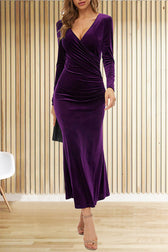 Solid Color Velvet Long Sleeve V-neck Slim Fit Fishtail Maxi Dress - View 4