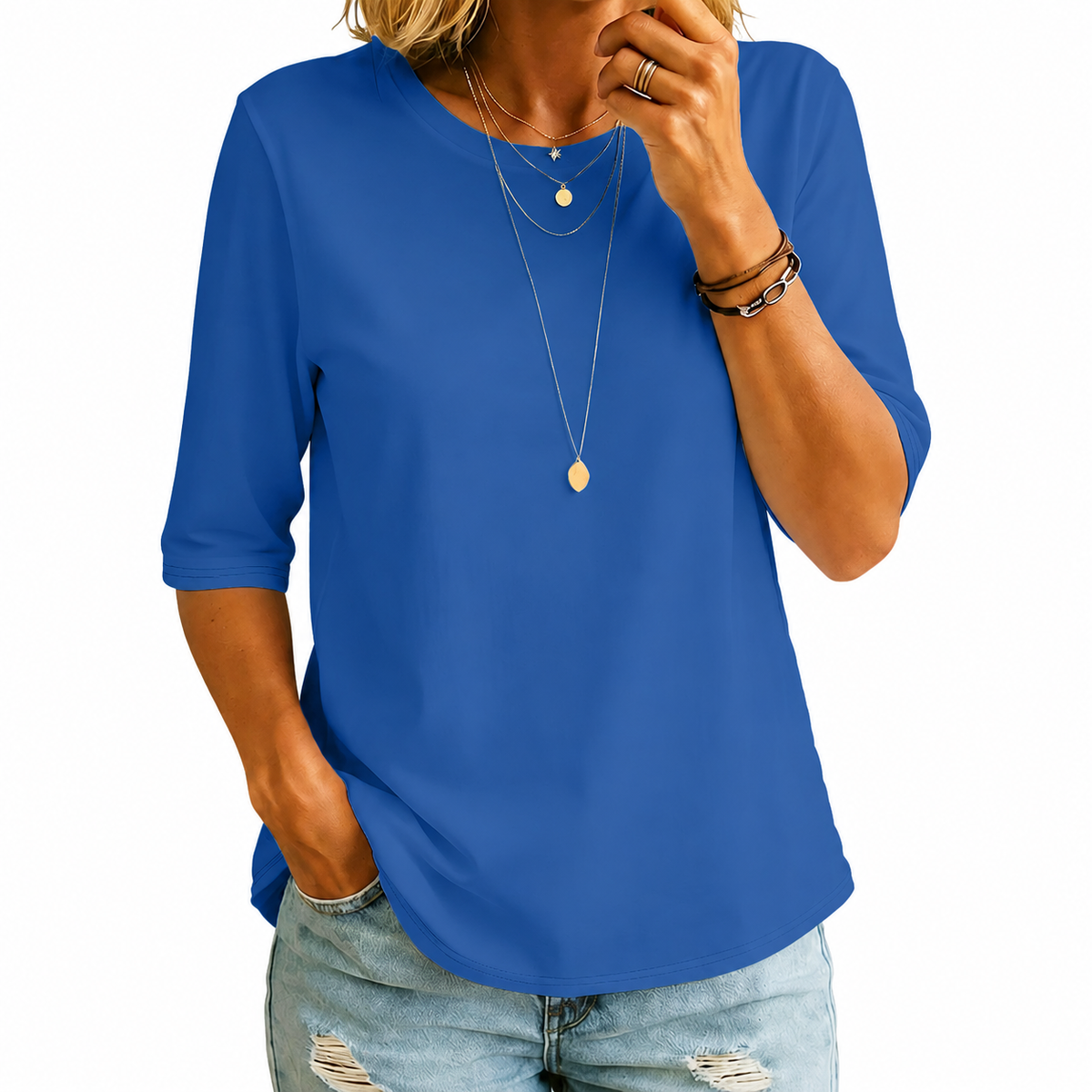 Crew Neck Half Sleeve Curved Hem Top