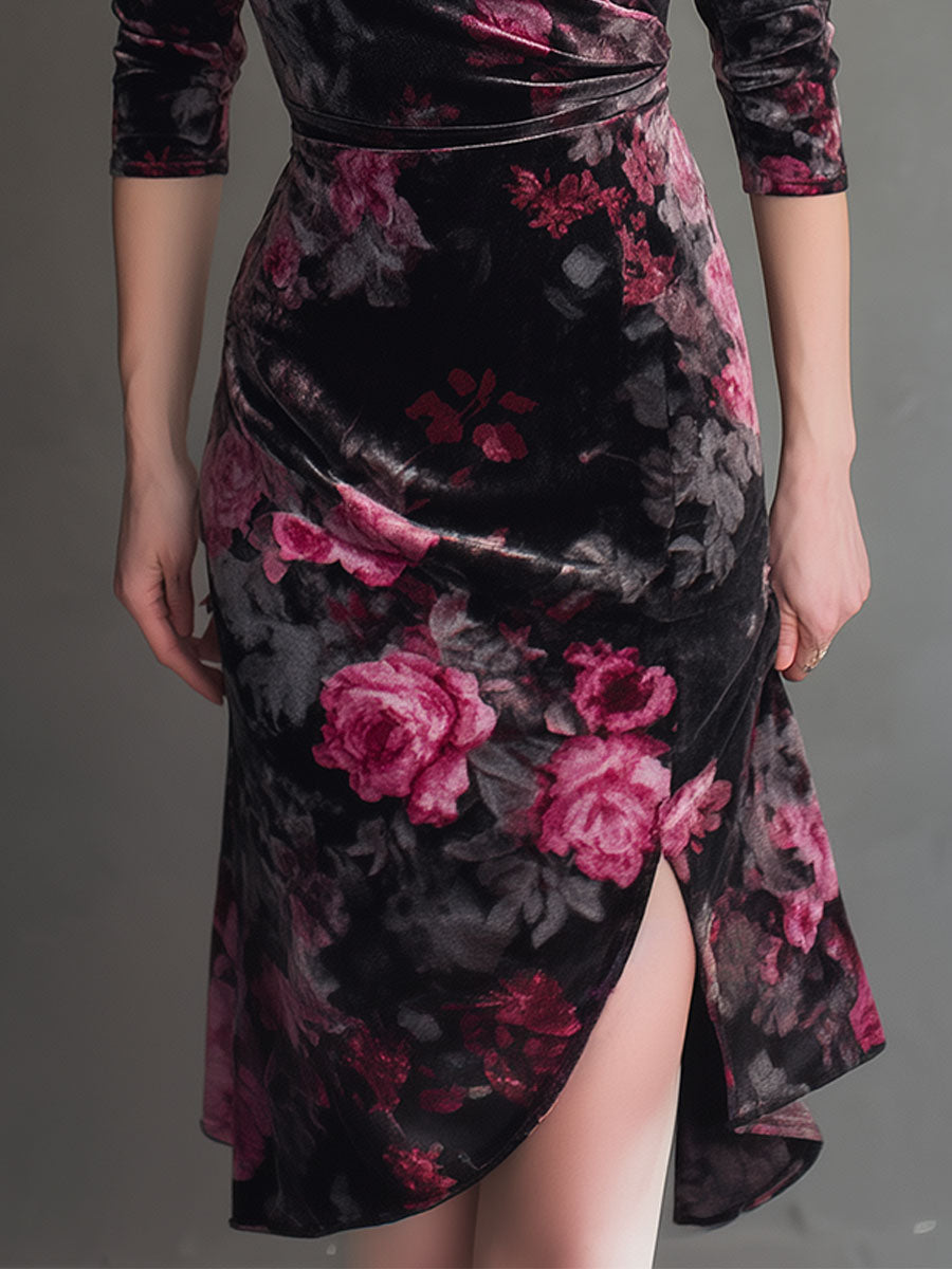 Elegant Velvet Rose Print Slit Hem Midi Dress