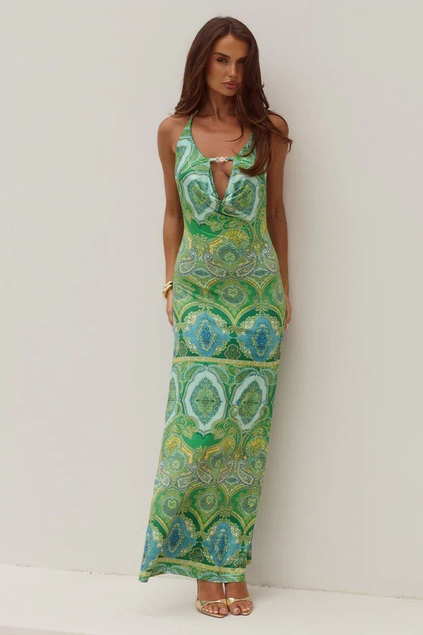Paisley Print Halter Cowl Neck Ring Detail Bodycon Maxi Dress