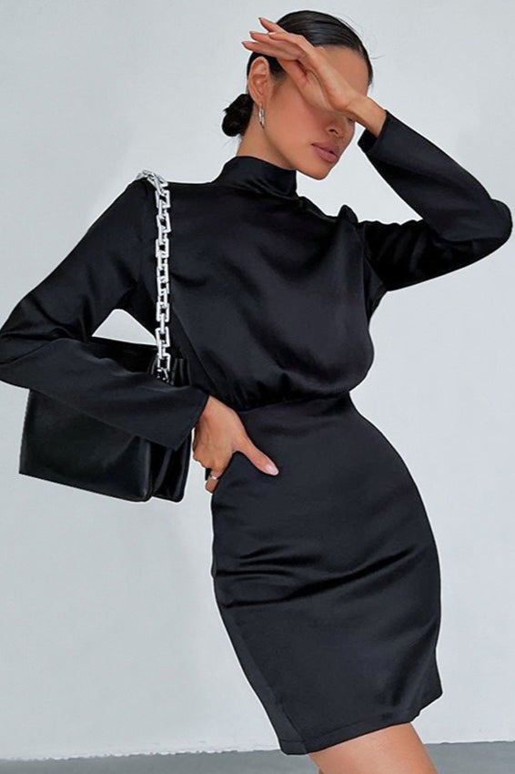 Satin Mock Neck Long Sleeve Gathered Waist Bodycon Mini Dress