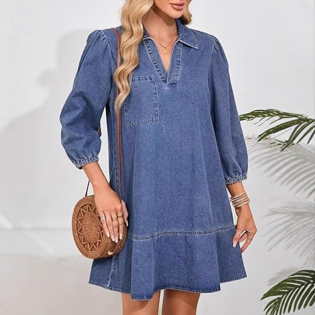 Denim V-Neck Puff Sleeve Pocket A-Line Mini Dress 4