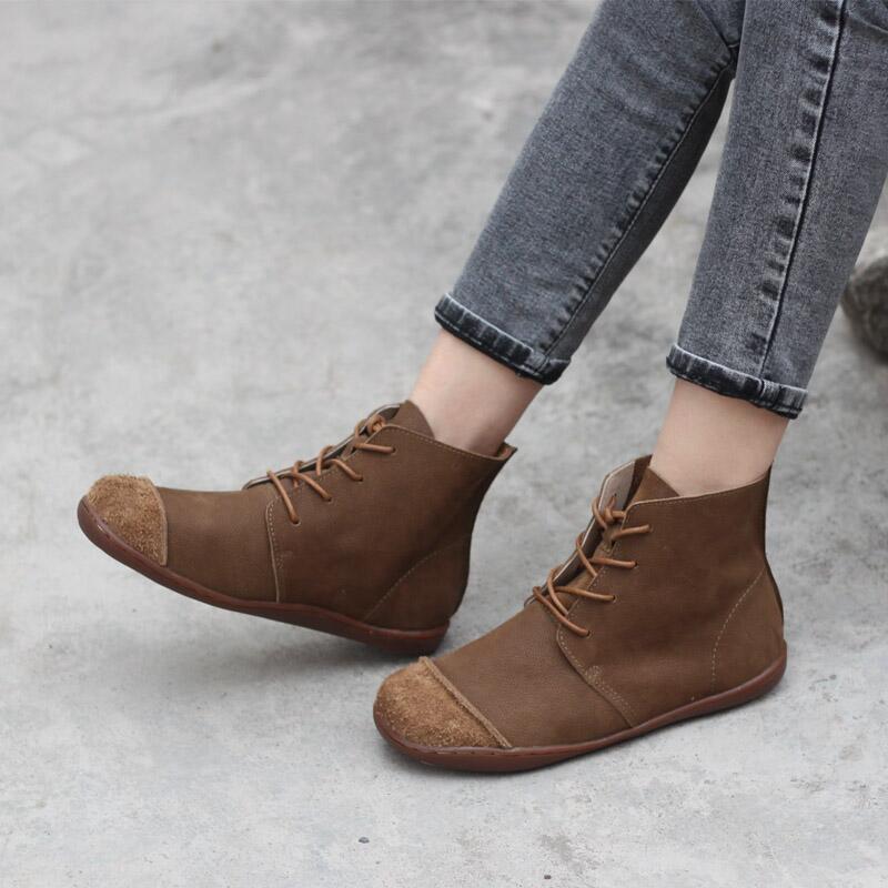 Nubuck Leather Ankle Booties Handmade Low-Heel Mori Girl Shoes Boots Coffee