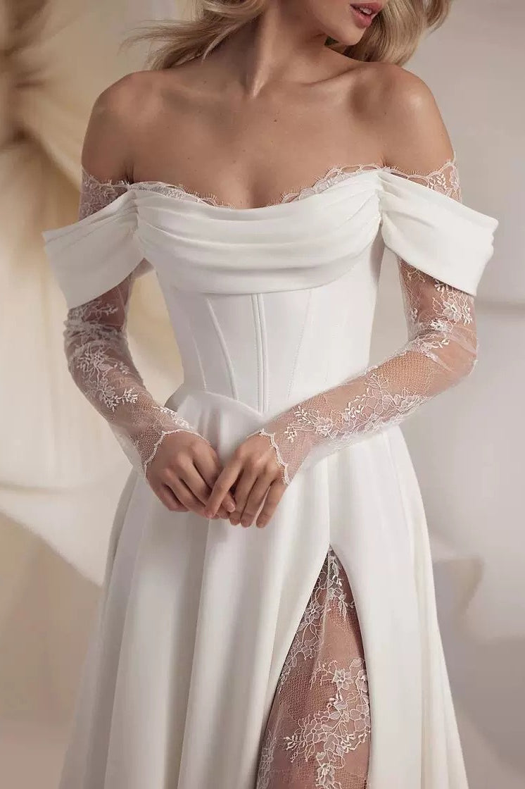 Off Shoulder Train Elegant White Wedding Dress