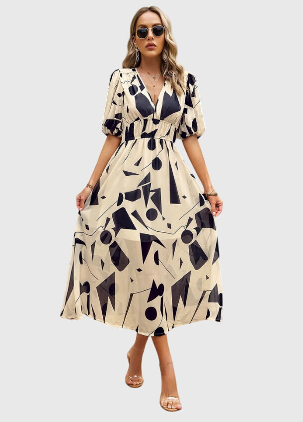Floral Chiffon Deep V-Neck Puff Sleeve Smocked Maxi Dress 12