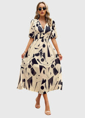 Floral Chiffon Deep V-Neck Puff Sleeve Smocked Maxi Dress 12