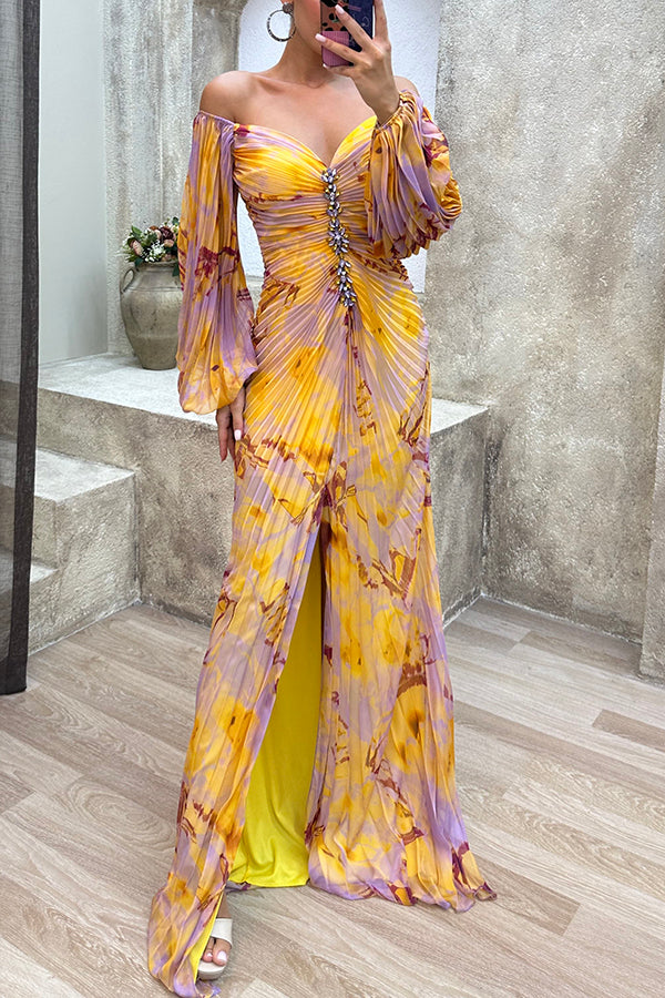 Sunset Serenade Printed Off Shoulder Diamond Maxi Dress