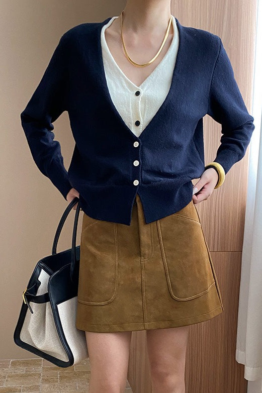 V-Neck Long Sleeve Two Tone Layered Look Button Front Knit Cardigan 3