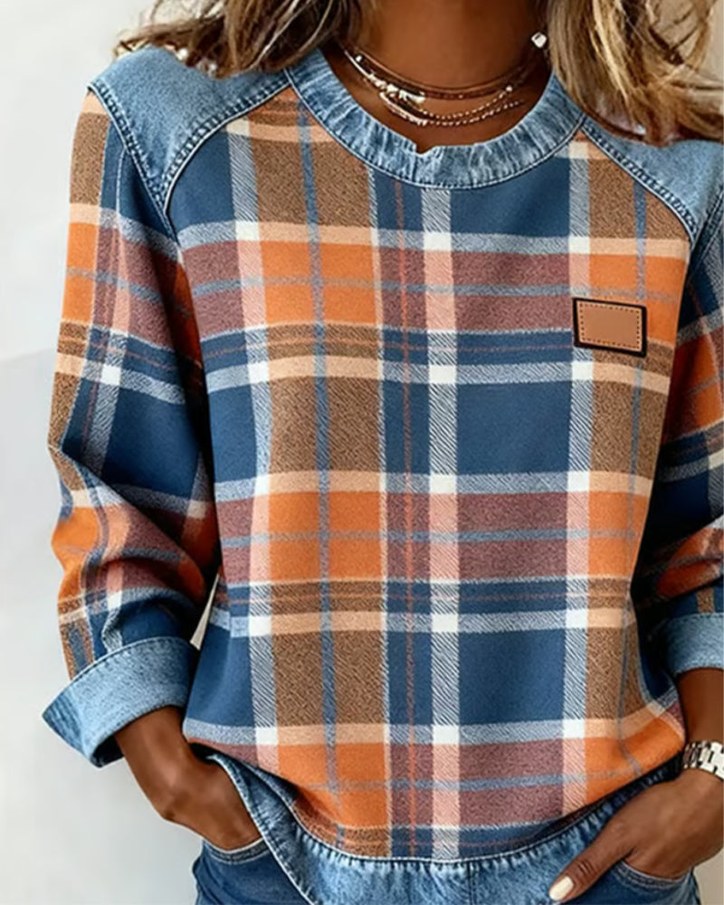 Crew Neck Plaid Denim Contrast Long Sleeve Sweatshirt