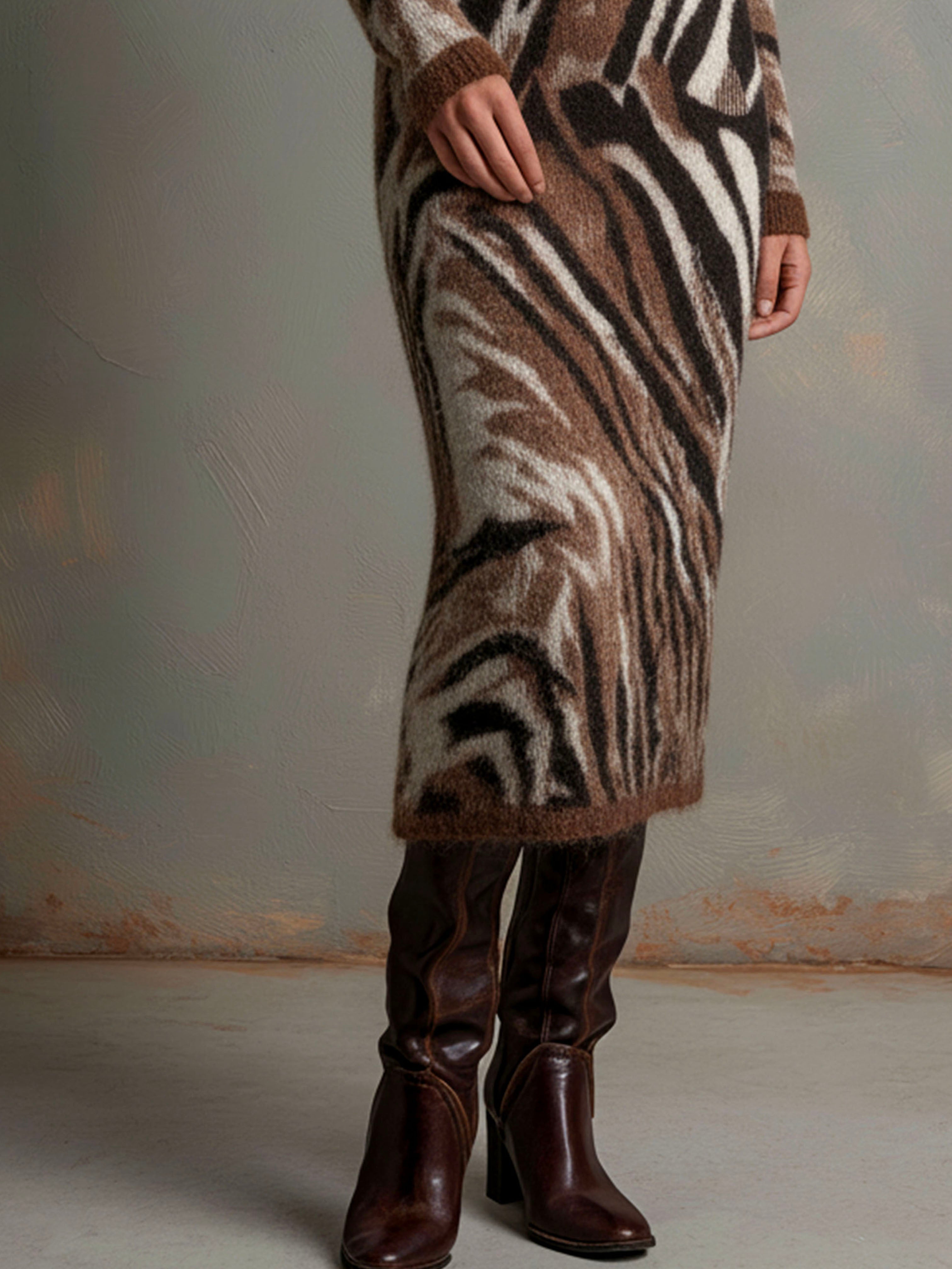 Fuzzy Polo Collar Brown Zebra Pattern Knit Sweater Dress