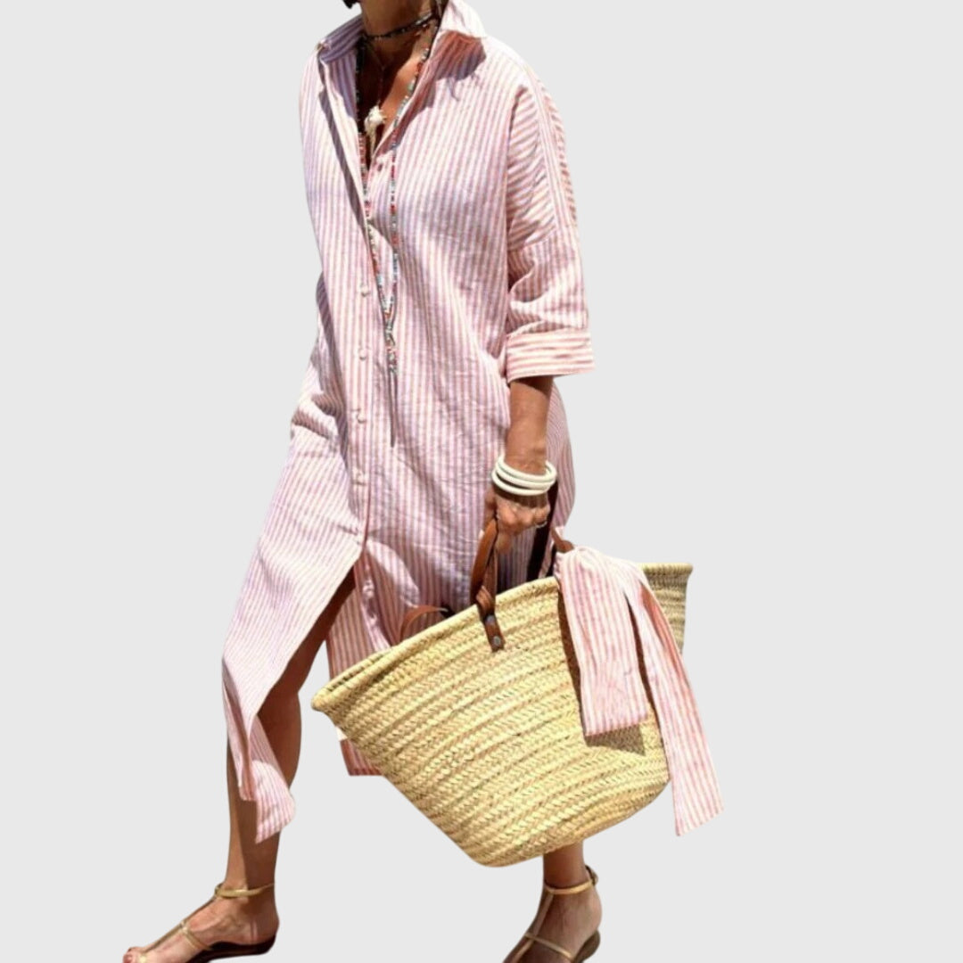 Striped Button Front Long Sleeve Side Split Shirt Dress