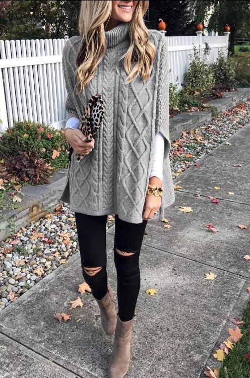 High Neck  Cable Knit Poncho
