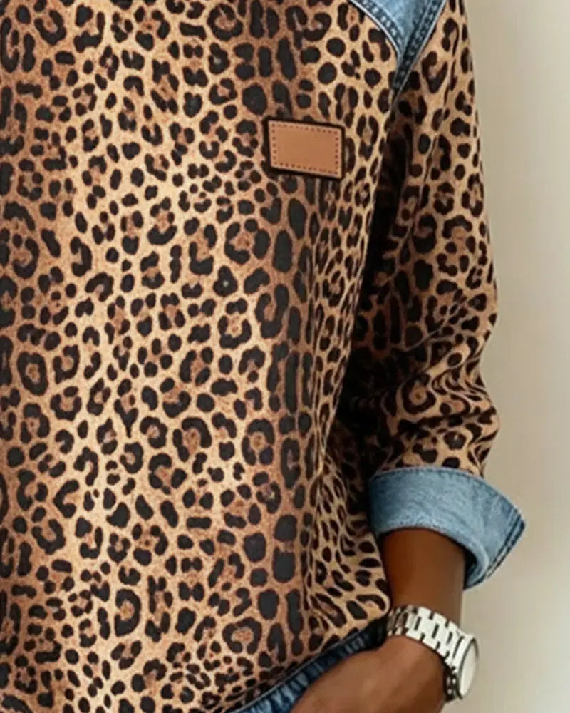 Leopard Print Denim Look Contrast Crew Neck Sweatshirt