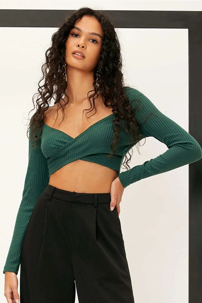 Solid VNeck Crop Knit Top
