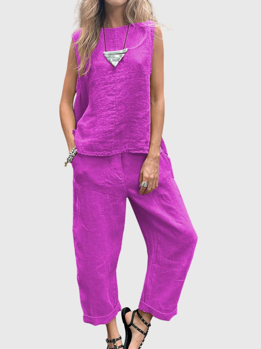 Sleeveless Round Neck Top and Wide Leg Crop Pants Two Piece Set