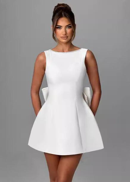 Pearl Trim Boat Neck Pleated Pocket Bow Back A-Line Mini Dress
