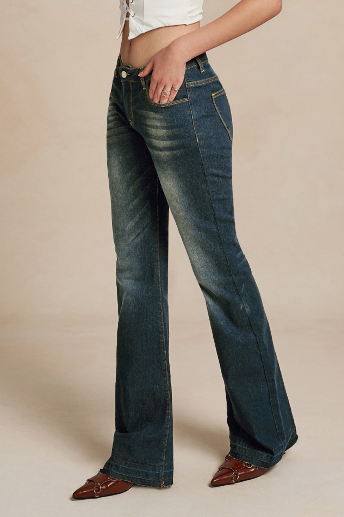 Low-Rise Vintage Washed Flared Denim Jeans