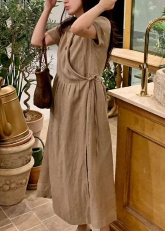 Wrap Front Notched Collar Short Sleeve Pocket Maxi Wrap Dress