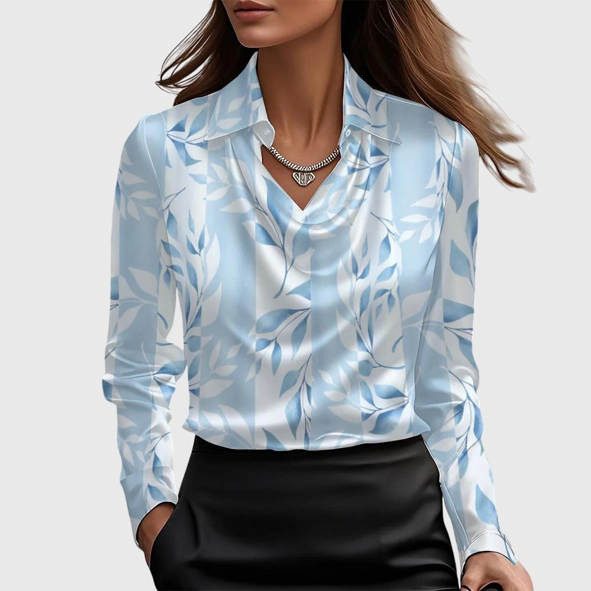 Collared Cowl Neck Long Sleeve Satin Blouse