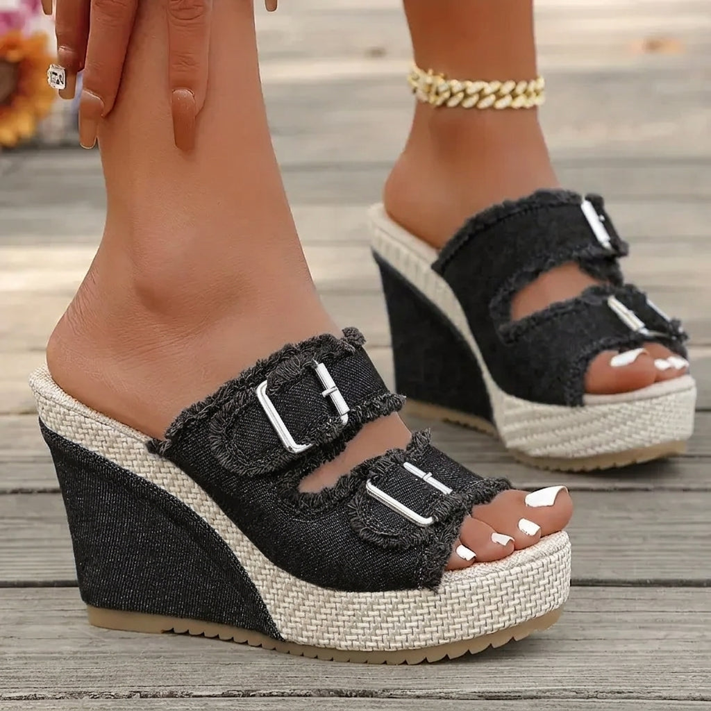Open Toe Frayed Double Buckle Platform Wedge Slides